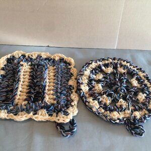 VINTAGE SET of 2 Handmade Crochet Blue Purple White Pot Holders with Hooks #F36